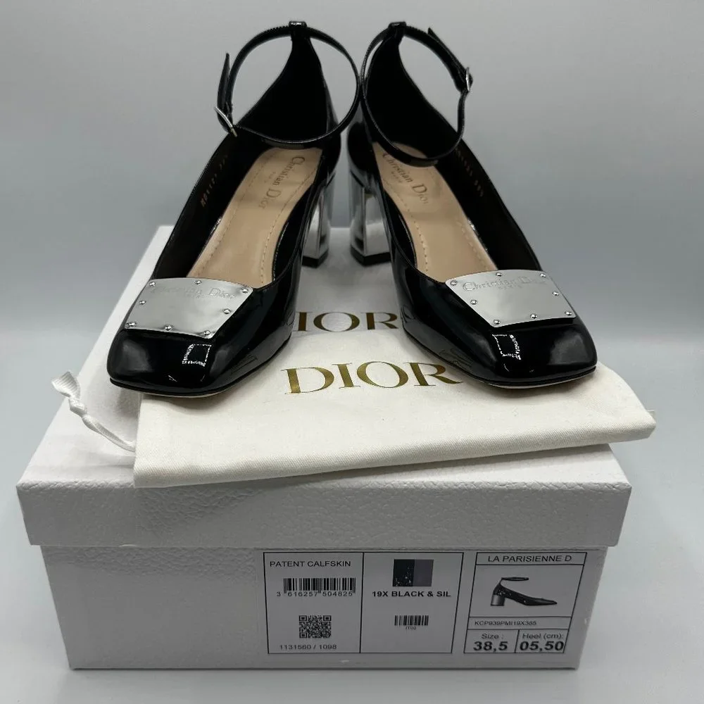 Dior La Parisienne Black Patent Leather Pump with Silver Heel & Ankle Strap FW22 - Picture 2 of 12